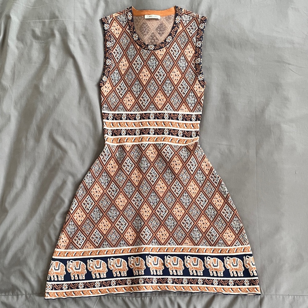 Ronny Kobo Collection Orange and Navy Patterned Mini Dress